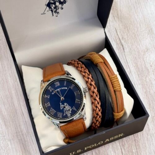 Set de Reloj mas pulseras Polo US Assn 43mm BRN