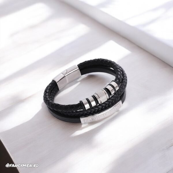 Pulsera en Piel y Acero DK3 Plateado bk 21cm