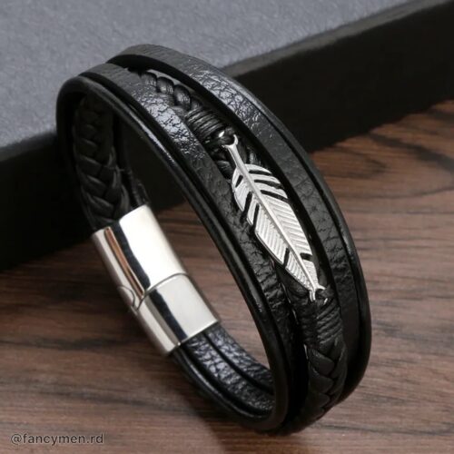 Pulsera Feather Piel y acero 21.5cm Silver
