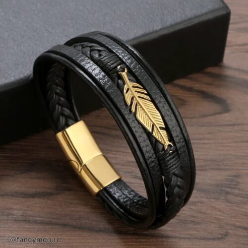 Pulsera Feather Piel y acero 21.5cm Gold