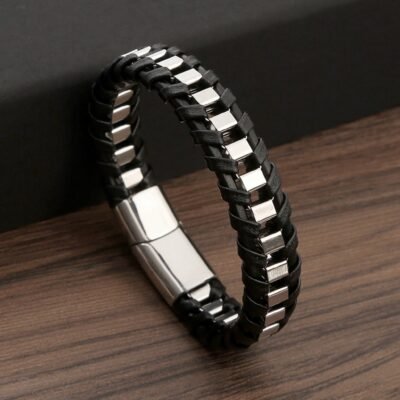 Pulsera Geometrica en piel y acero 21.5cm Plateado