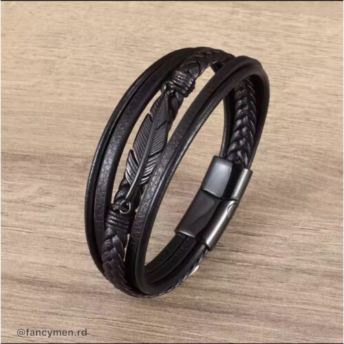 Pulsera Feather Piel y acero 21.5cm Black