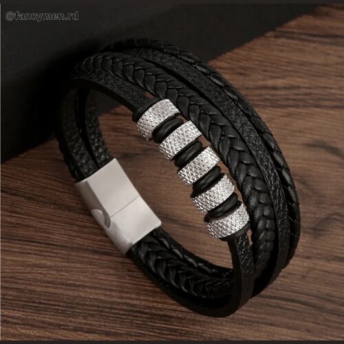 Pulsera En Piel Y Acero 21.5cm 7389 Sv Bk