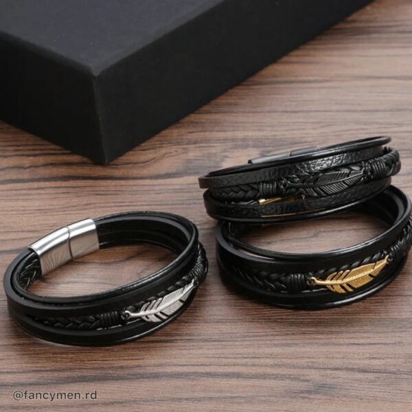 Pulsera Feather Piel y acero 21.5cm Gold