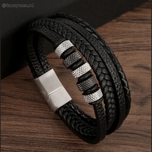 Pulsera En Piel Y Acero 21.5cm 7389 Svl Bk