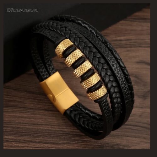 Pulsera En Piel Y Acero 21.5cm 7389 Gd Bk