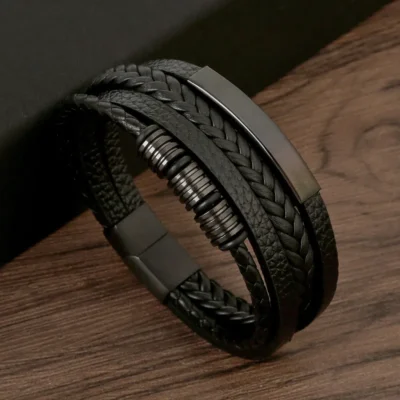 Pulsera Brasalete Negra en piel y acero